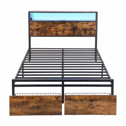 Matteo Black Metal Double Bed with LED Light Strip, 2 Drawers and USB Charging Ports, 140 x 200 cm – 8