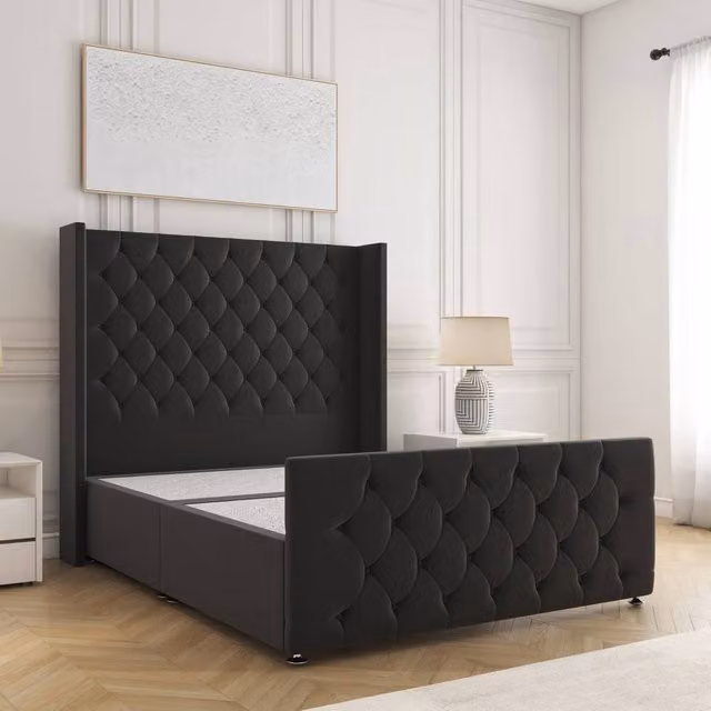 BSSPOKE Florida Super King Divan Bed with 54 inch Plush Velvet Headboard in Black