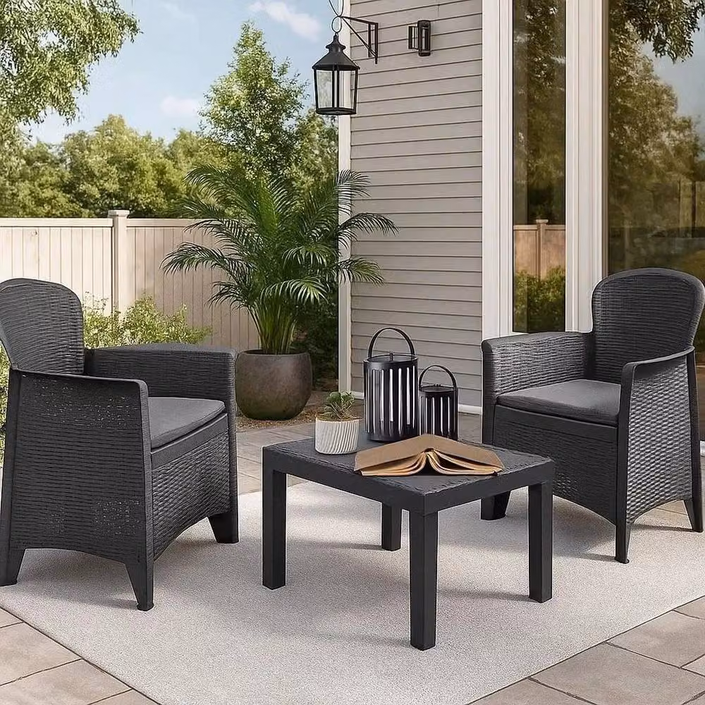 KORVIXA 3-Piece Rattan Outdoor Bistro Set with Table and Chairs in Grey – 3