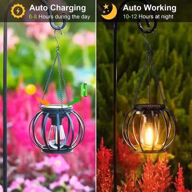 EONLION Set of 2 Circle Outdoor Solar LED Lanterns in Black Metal, Height: 100 cm – 1