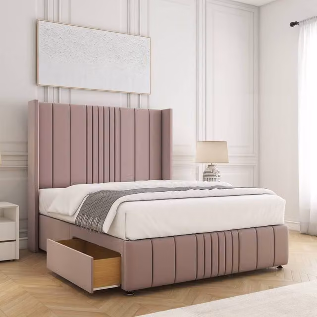 BSSPOKE Elise Double Plush Velvet Divan Bed with 54 inch Headboard and 2 Drawers in Pink, W/D/H: 140 x 200 cm