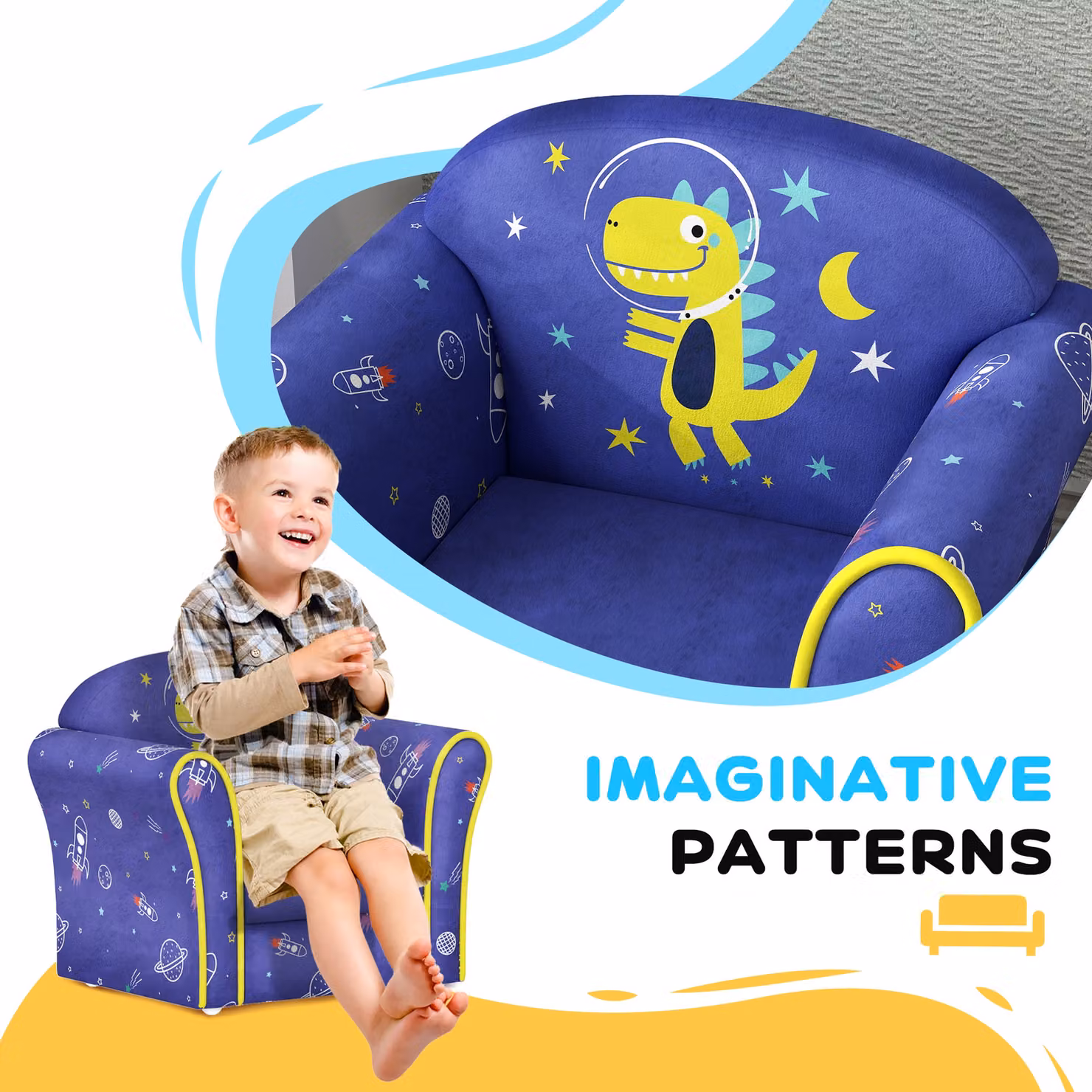 AIYAPLAY Kids Sofa with Planet and Dinosaurs Design, Pink Fabric Armchair with Solid Wood Frame – 4
