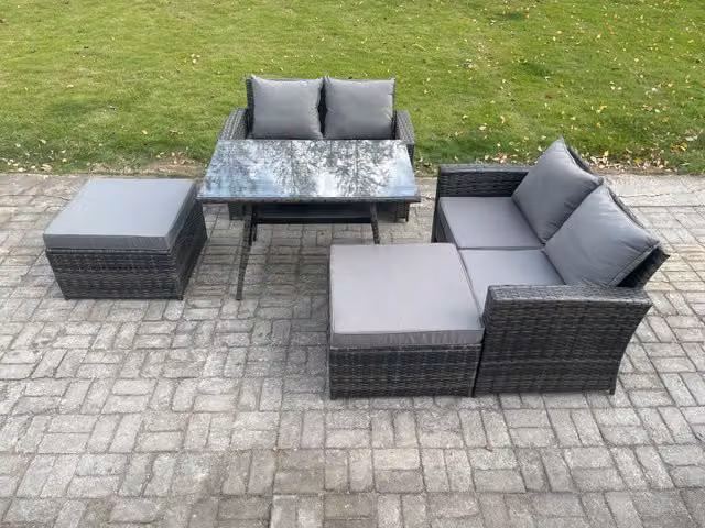 Fimous 6 Seater Wicker PE Rattan Garden Dining Set in Dark Grey with Rectangular Dining Table, Double Seat Sofa and 2 Footstools