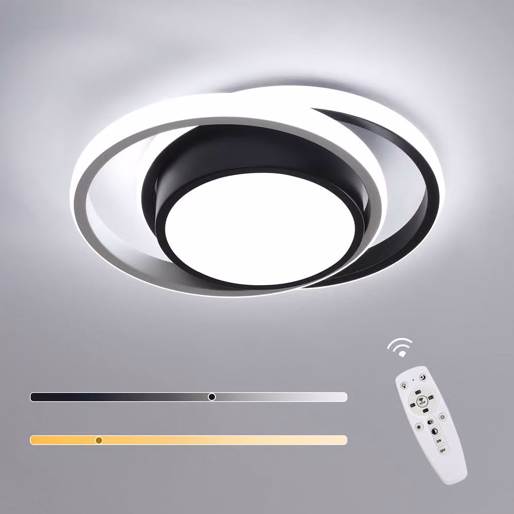 Pheashine Modern LED Dual-Ring Ceiling Light, Dimmable with Remote Control, Black and White, 32W – 2