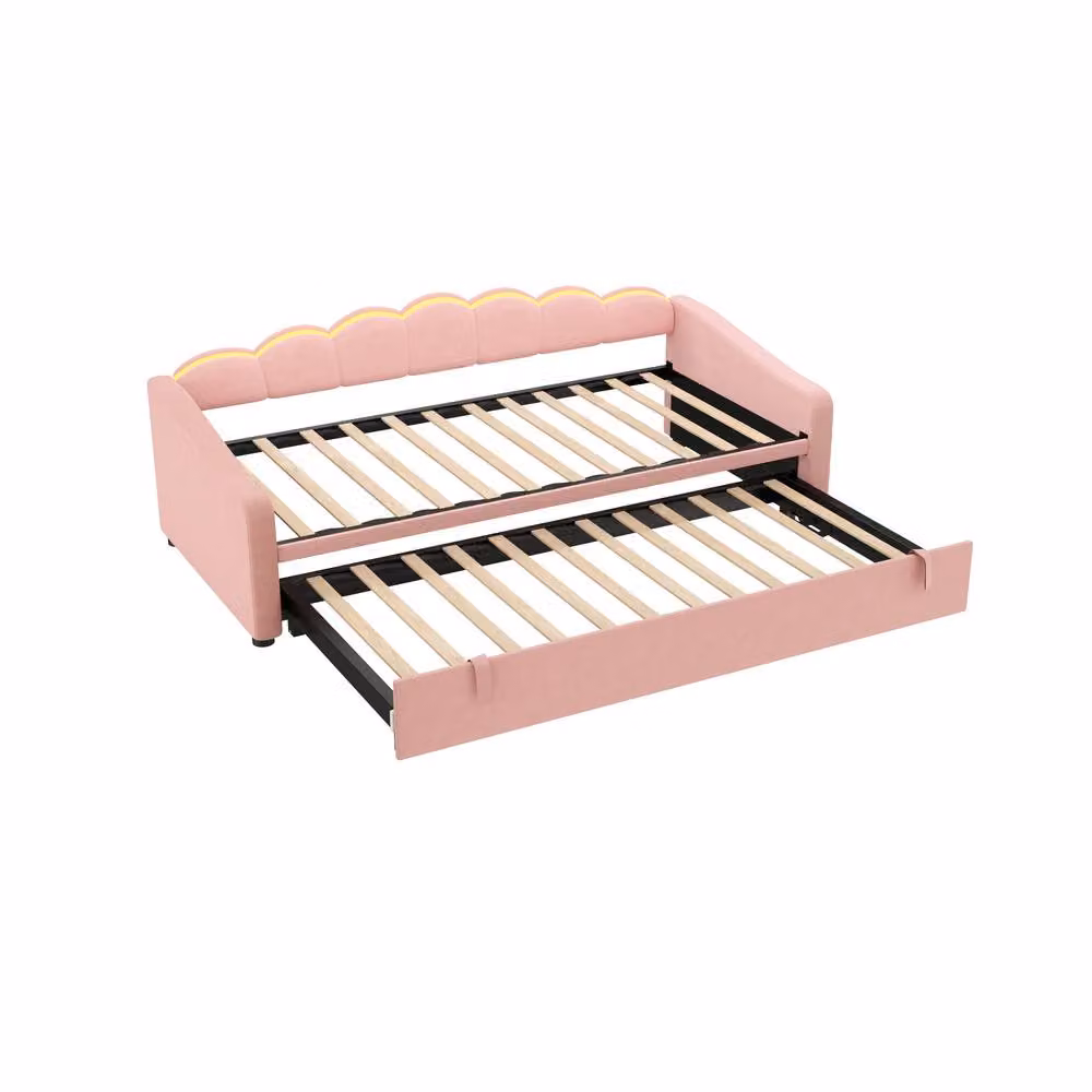 BTM Petal Shape Velvet Daybed with RGB LED Under-Bed Lighting and Trundle in Pink – 3