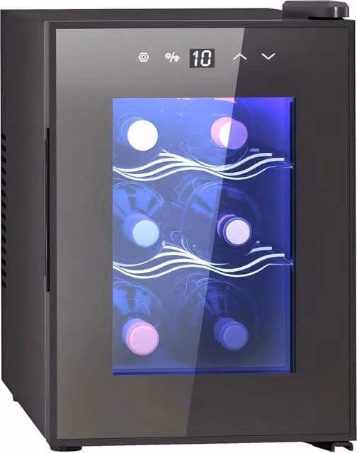 PAWNORA Mini Countertop Wine Fridge with Glass Door, 6 Bottle Capacity, Black