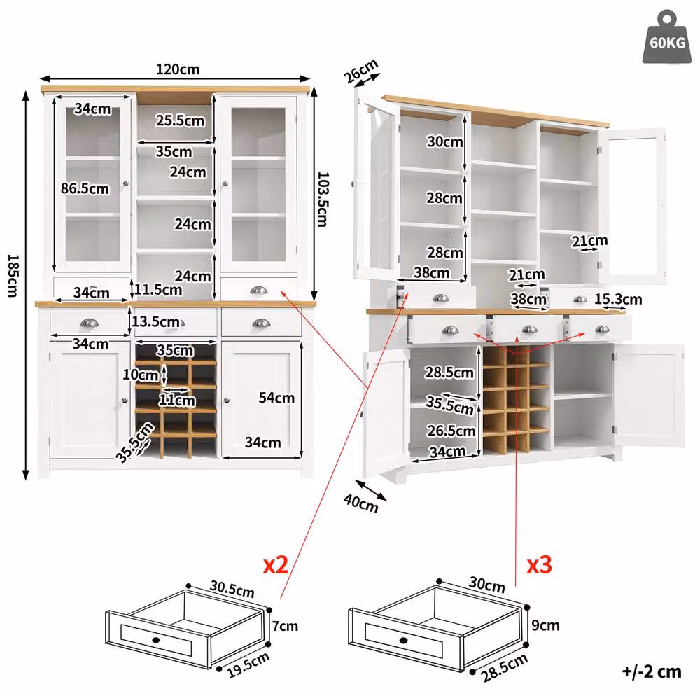 STILVORA White Pantry Cabinet with Glass Doors, Wine Rack and 5 Drawers – 3