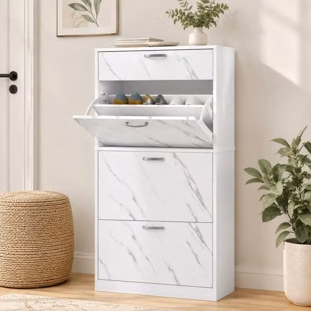 STILVORA Modern White Shoe Storage Cabinet with 3 Tilting Compartments and Top Drawer
