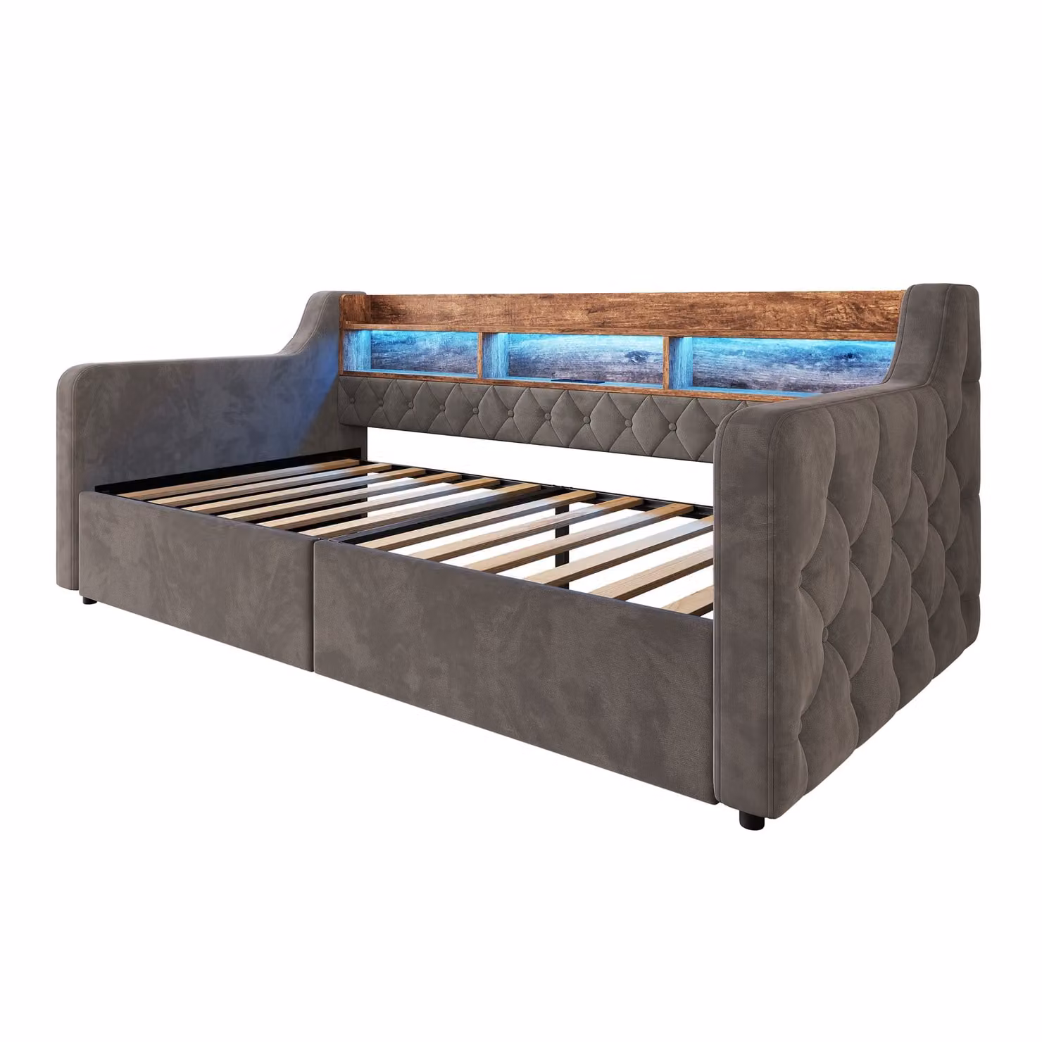Aosom UK Modern Velvet Single Storage Bed with LED Headboard, USB Charging Port and 2 Drawers, Dark Grey, W/D/H: 107 x 200 x 80 cm – 2