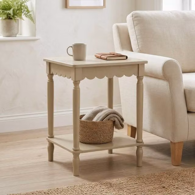 Scottish Everlastings Ltd Warm Stone Scalloped Edge Wood Side Table in Beige and Sand, W: 38.0 cm, D: 38.0 cm, H: 58.0 cm