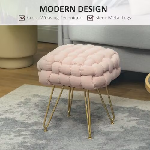 HOMCOM Pink Velvet Square Foot Stool with Metal Legs – 3