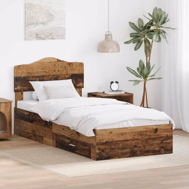 Berkfield Home Bed Frame with Headboard in Old Wood Brown, W/D/H: 90 x 200 cm – 1