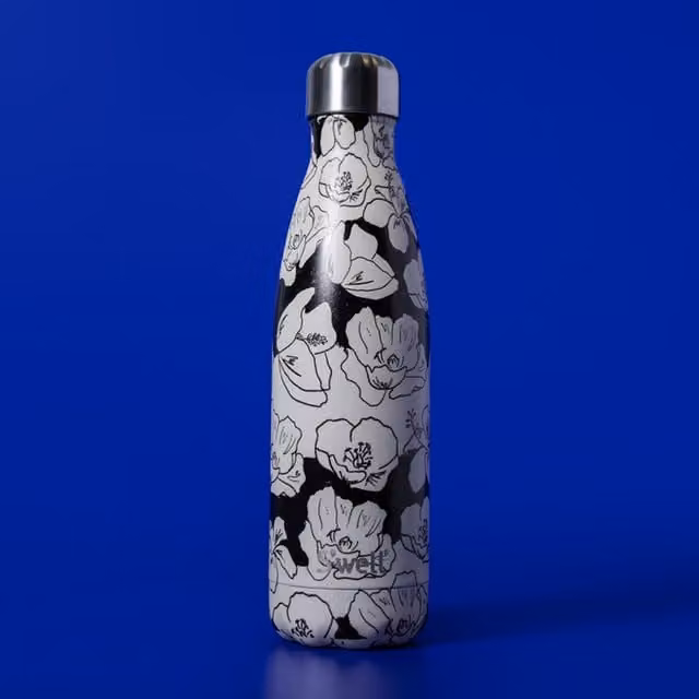 S'well Charcoal Bloom Vacuum Insulated Stainless Steel Water Bottle, Black and White, 500ml