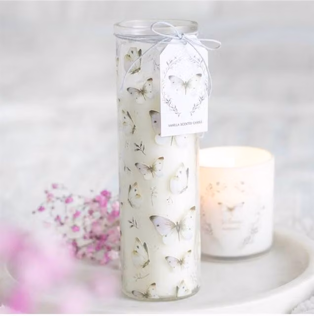 KDMD Elegant Butterfly Print Vanilla Scented Candle in White with 55-Hour Burn Time