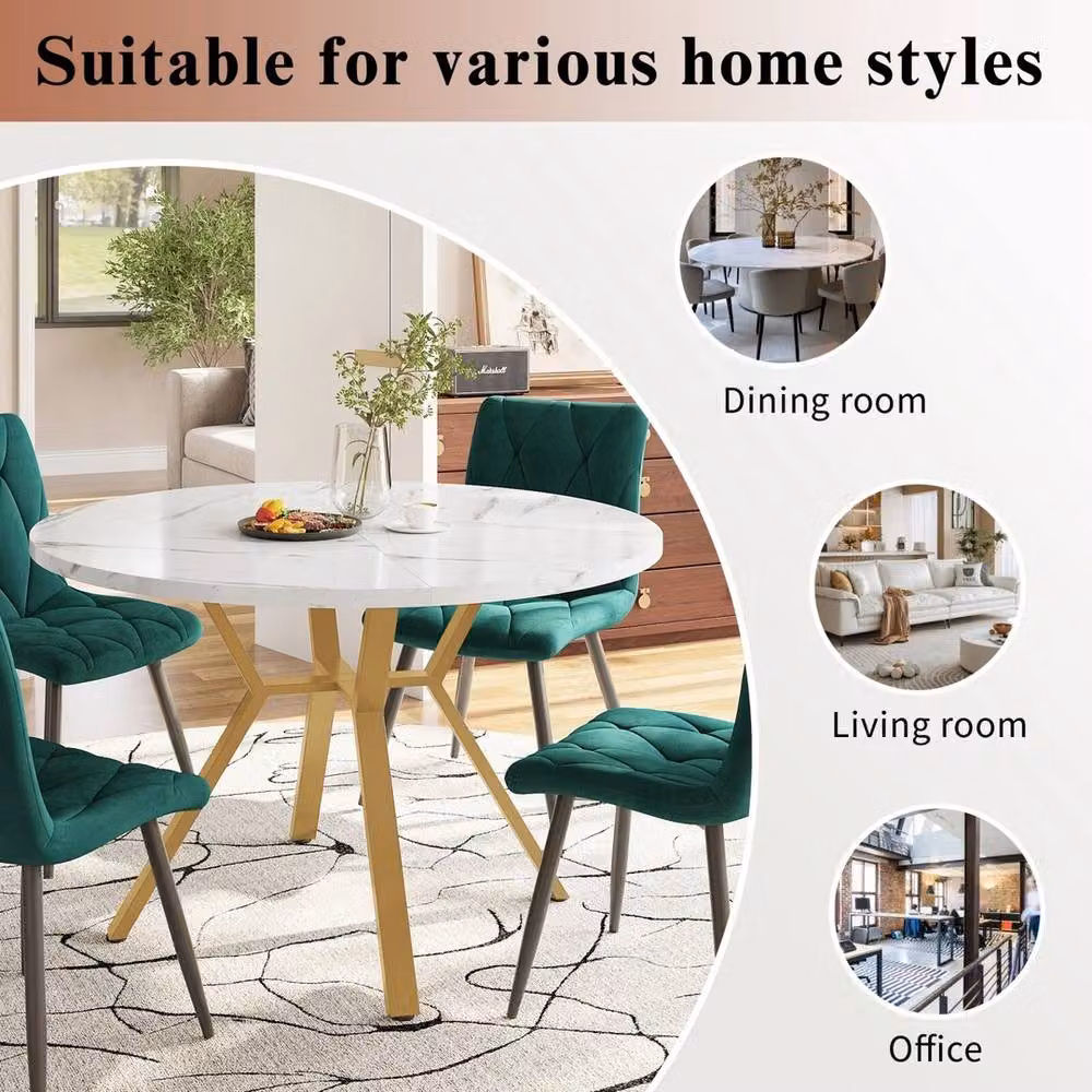 VOGREX Round Marble Effect Dining Table with Gold Frame in White – 3