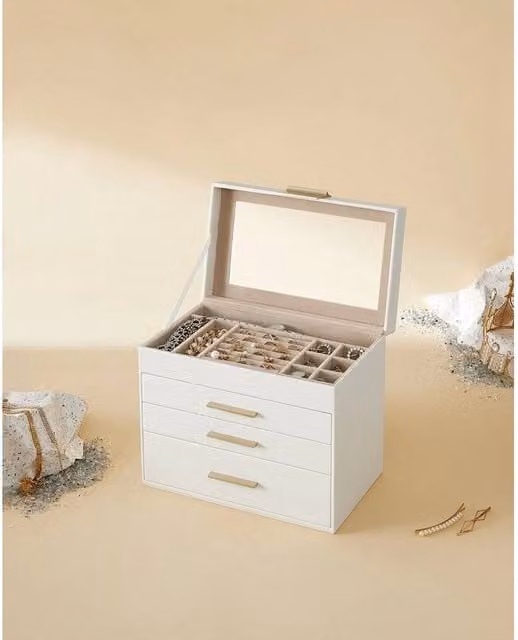 KORVIXA 4-Tier Jewellery Box with Glass Lid in White and Gold
