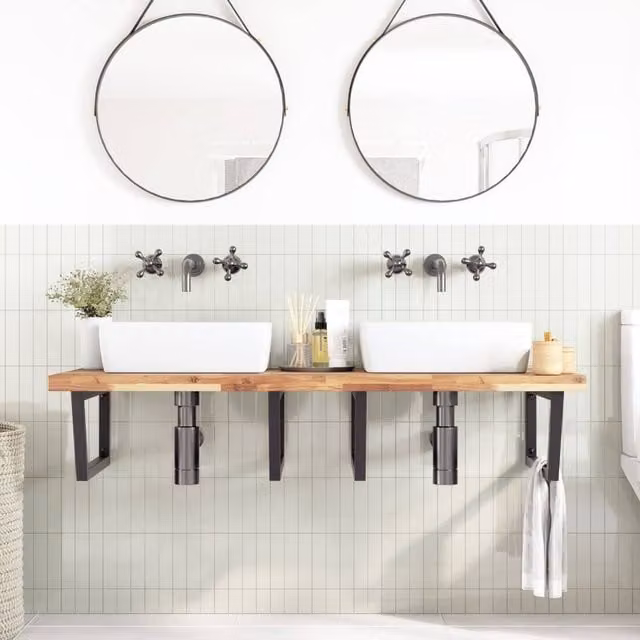 Berkfield Home Elegant Wall Mounted Basin Shelf in Brown Acacia Wood and Steel