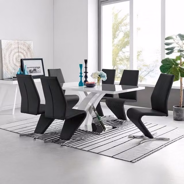 FurnitureboxUK Atlanta Modern Rectangular High Gloss White Dining Table and 6 Willow Chairs Set in Black – 1