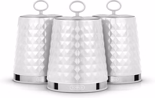 Tower Solitaire Set of 3 White Solid Metal and Stainless Steel Canisters