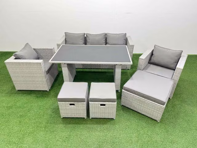 Fimous Modern Patio Garden Furniture Set with Dining Table and 3 Stools in Light Grey