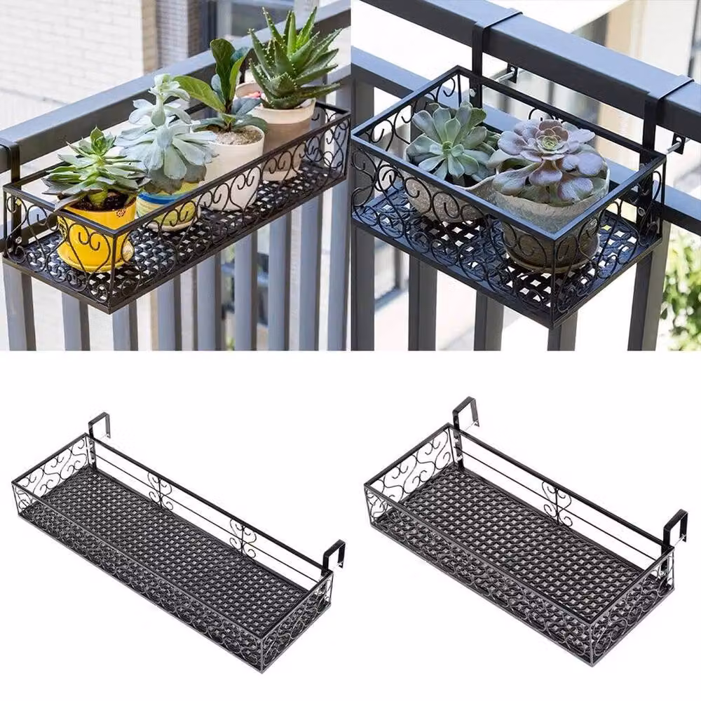 FORGEVIO Black Metal Hanging Trough Planter for Balcony Railings, W: 60 cm, D: 20 cm, H: 12 cm – 3