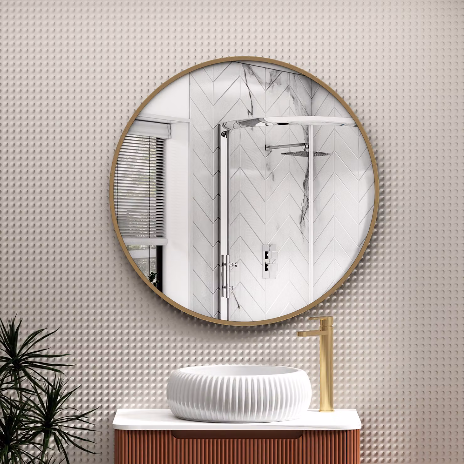 Royal Bathrooms Elmore Round Minimalist Bathroom Mirror with Brushed Brass Aluminum Frame, W: 80 cm, H: 80 cm, Gold