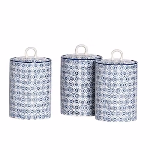 Nicola Spring Floral Patterned Ceramic Kitchen Canisters, Pack of 3, Blue, 1 l