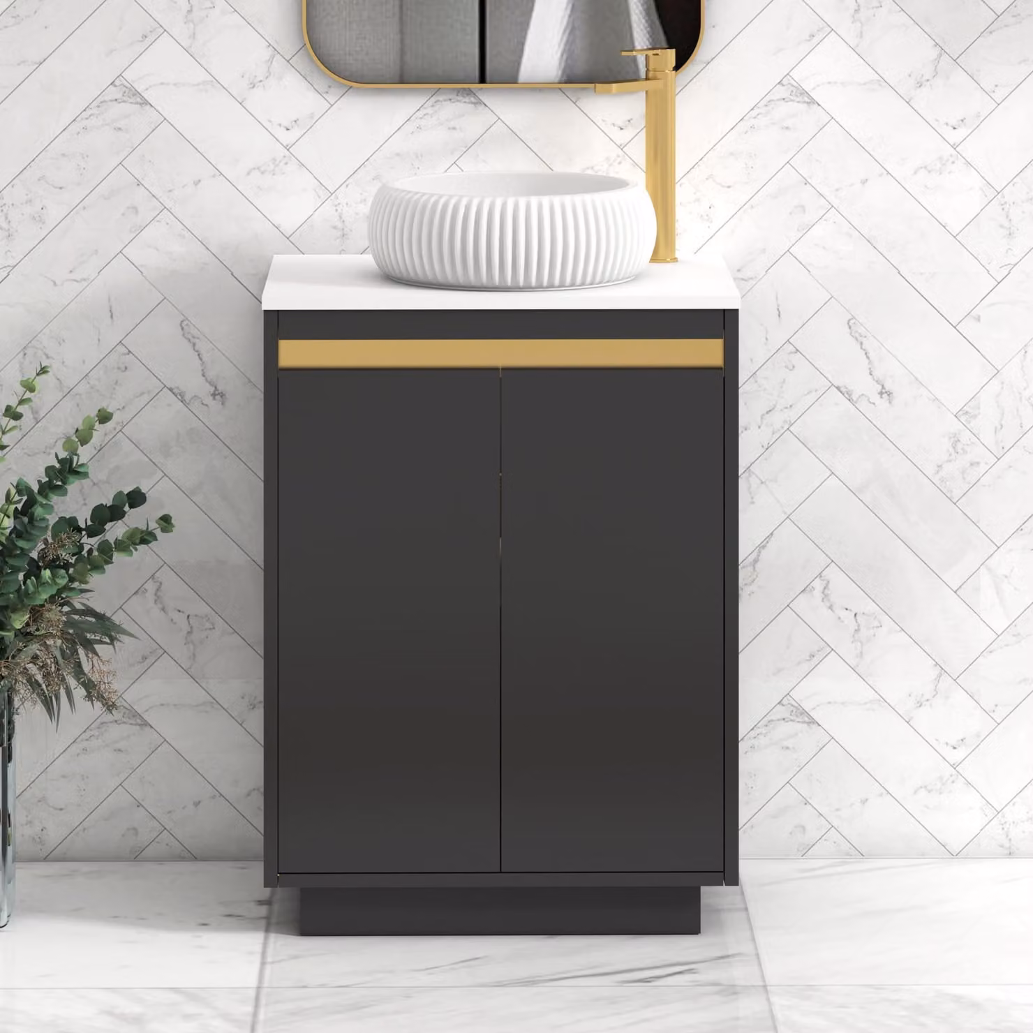 Royal Bathrooms Orion 600mm Matt Obsidian Black and Plain White Floor Standing 2 Door Vanity Unit with Milan Basin and Brushed Brass Accent Trim