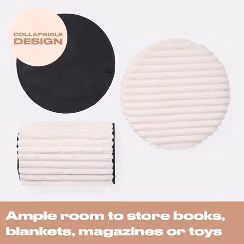 OHS Round Ribbed Storage Ottoman in Cream with Lid and Hidden Storage Space – 5