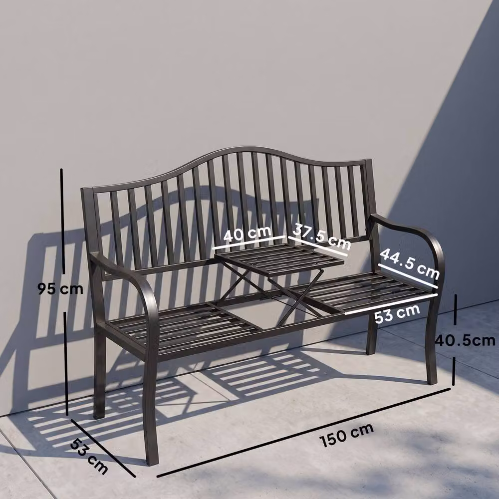 Outsunny 2 Seater Metal Garden Bench with Foldable Middle Table in Black – 8