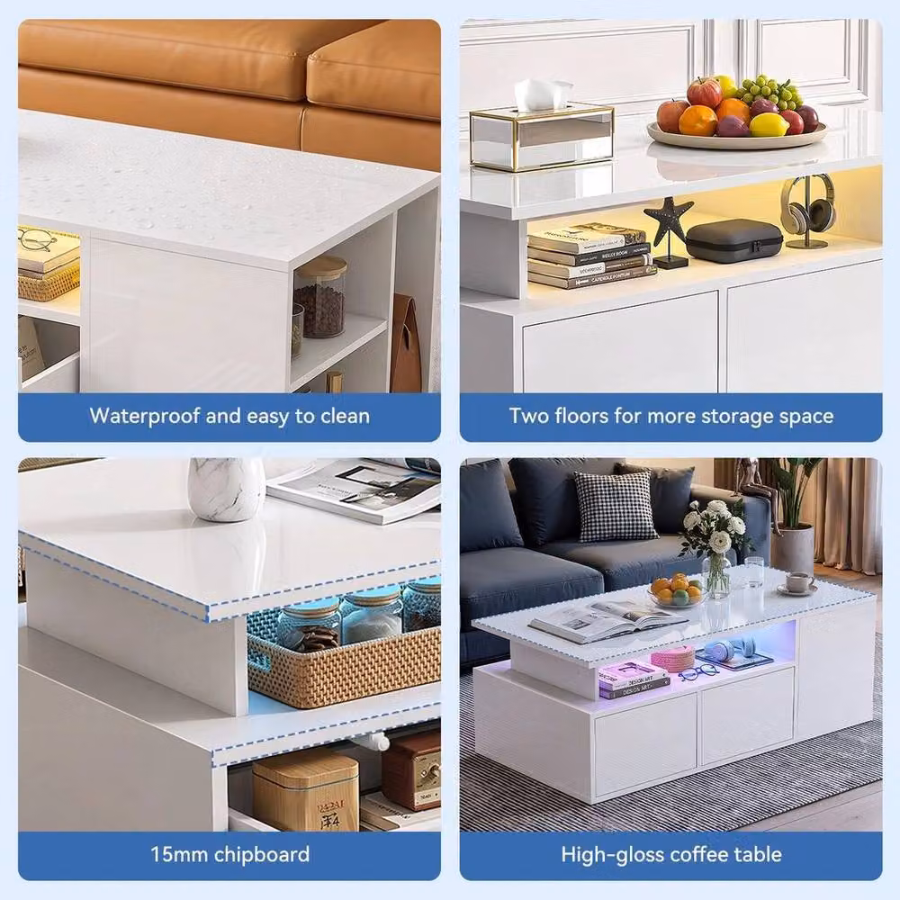 KORVIXA Modern High Gloss LED Coffee Table with 2 Push Latch Drawers in White – 4