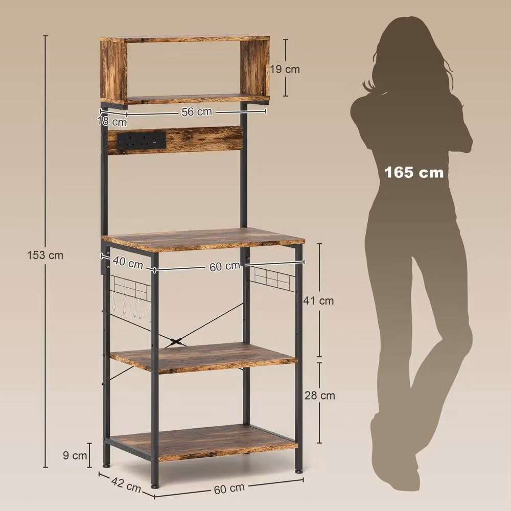 Wyld Haus Rustic Brown Industrial Bakers Rack with Adjustable Shelves and Power Outlets, W/D/H: 42 x 42 x 153 cm – 3