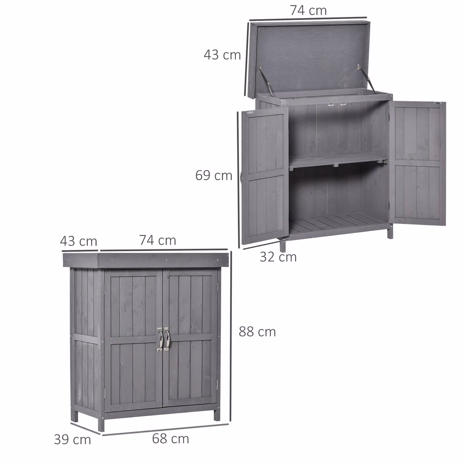 Outsunny Grey Wooden Garden Storage Shed and Tool Cabinet Organiser with Shelves and Two Hinged Doors, W: 74 cm, D: 43 cm, H: 88 cm – 3