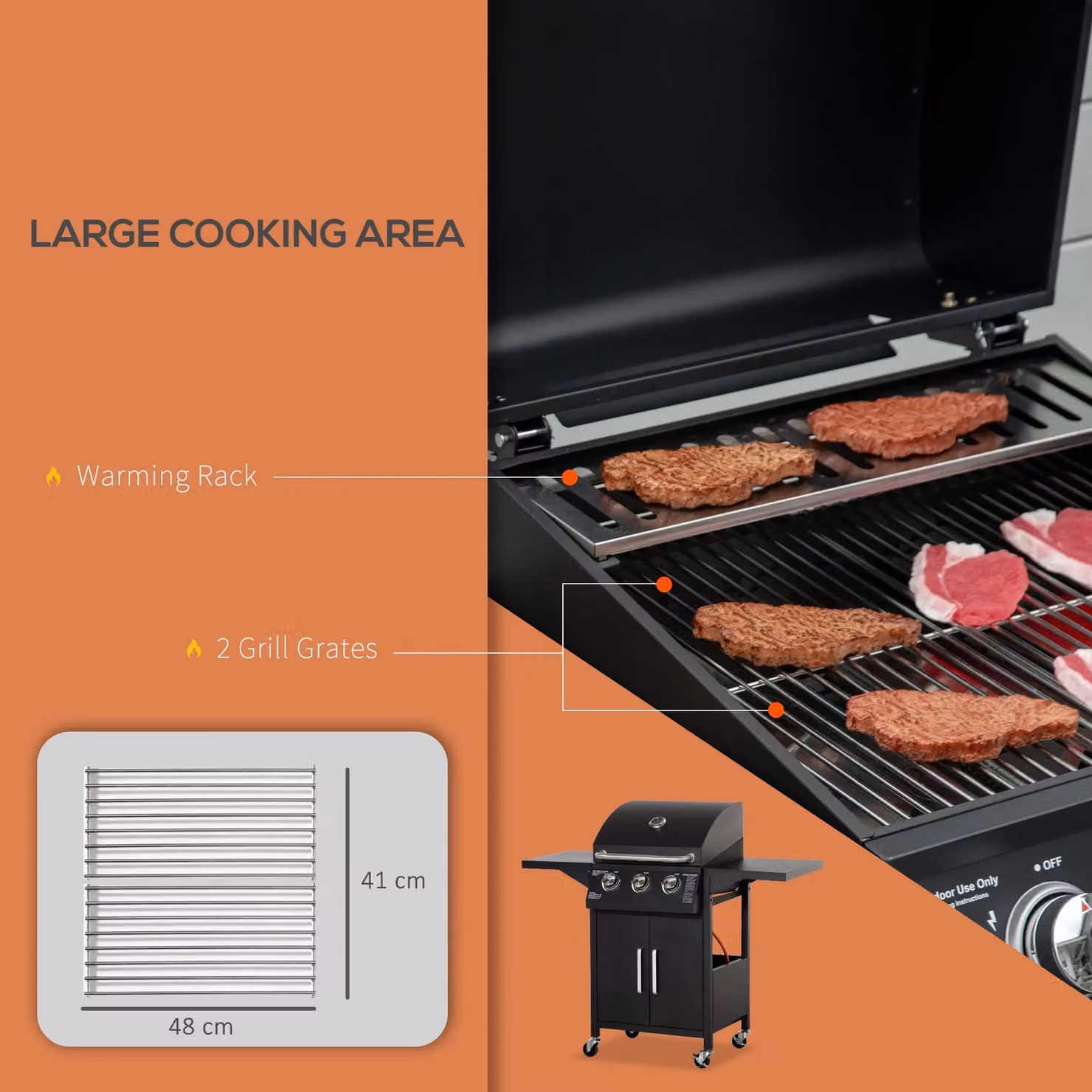 Outsunny 3 Burner Gas BBQ Grill with Warming Rack, Thermometer and Wheels, Black, W/D/H: 121 x 55 x 109 cm – 3
