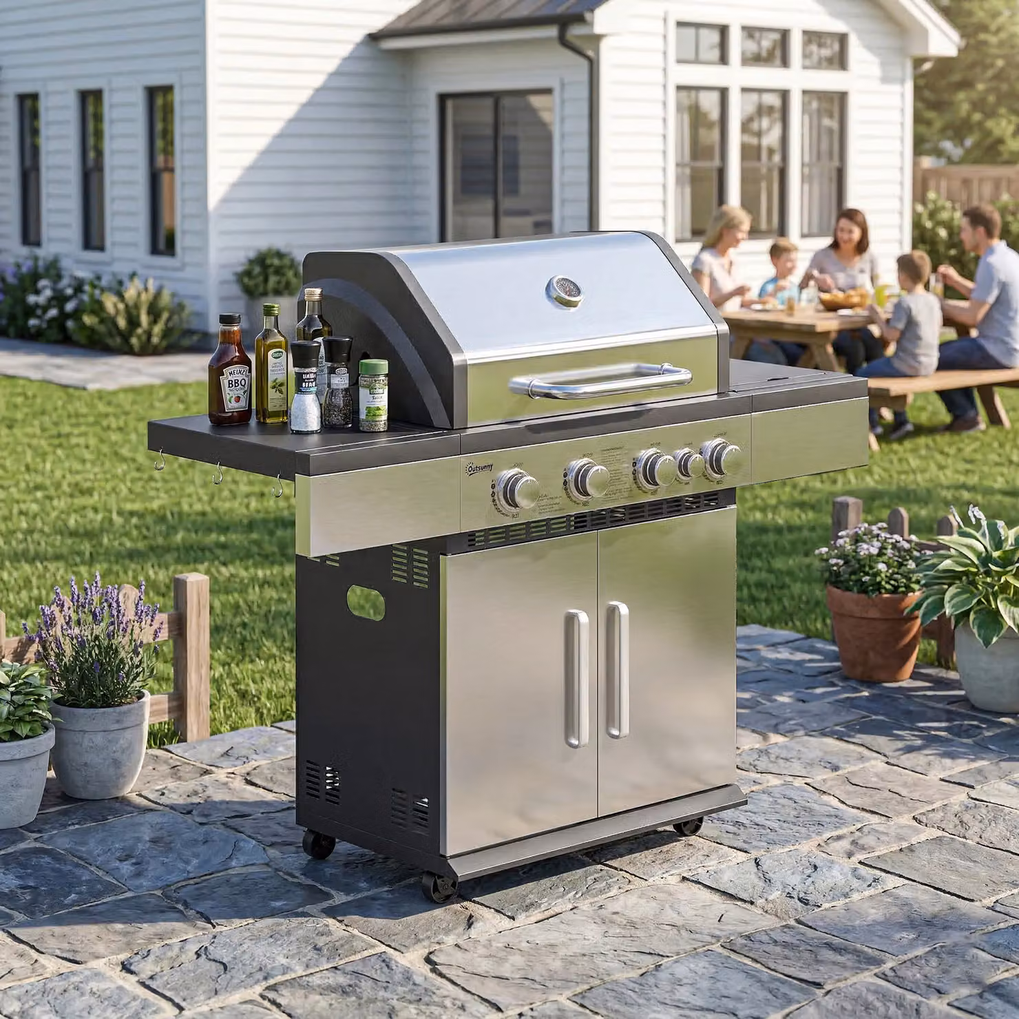 Outsunny 4+1 Burner Gas BBQ Grill with Side Burner, Warming Rack, Side Shelf, Storage Cabinet and Wheels – 9