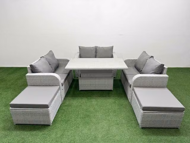 Fimous 8 Seater PE Wicker Rattan Garden Furniture Set in Light Grey with Adjustable Lifting Table, 2 Seater Sofa and 2 Ottomans