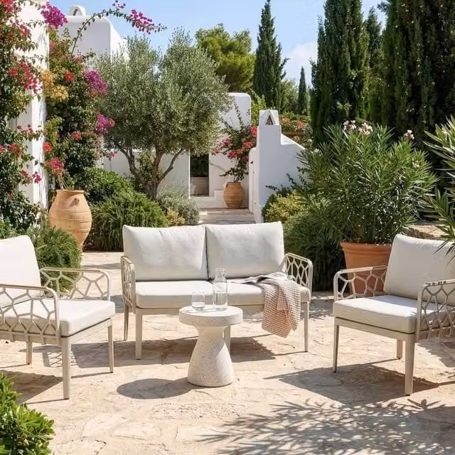 Wyld and Coco Convertible 4-Seater L-Shape Garden Sofa Set with Beige Upholstered Olefin Cushions