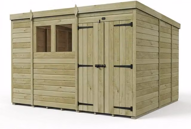 Buttercup Farm Rustic Pent Garden Shed with Double Doors and Windows in Brown Pine Wood W/D/H: 304.8 x 274 x 210 cm