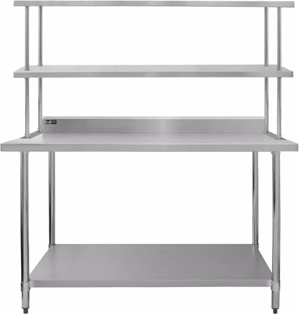 KuKoo Silver Metal Freestanding Catering Bench with Double Over-Shelf, W/D/H: 150 x 57 x 90 cm