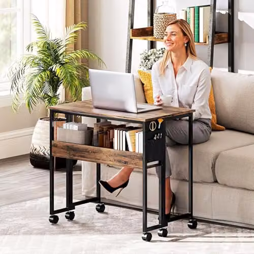 HOMCOM Folding Writing Desk with Storage Shelf and Bag in Rustic Brown – 6