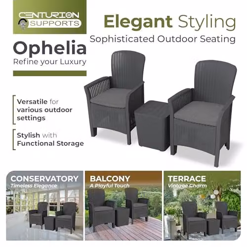 Centurion Supports Ophelia 3-Piece Black PU Rattan Wicker Garden Furniture Set with High Back Armchairs, Side Table and Cushion Storage – 5