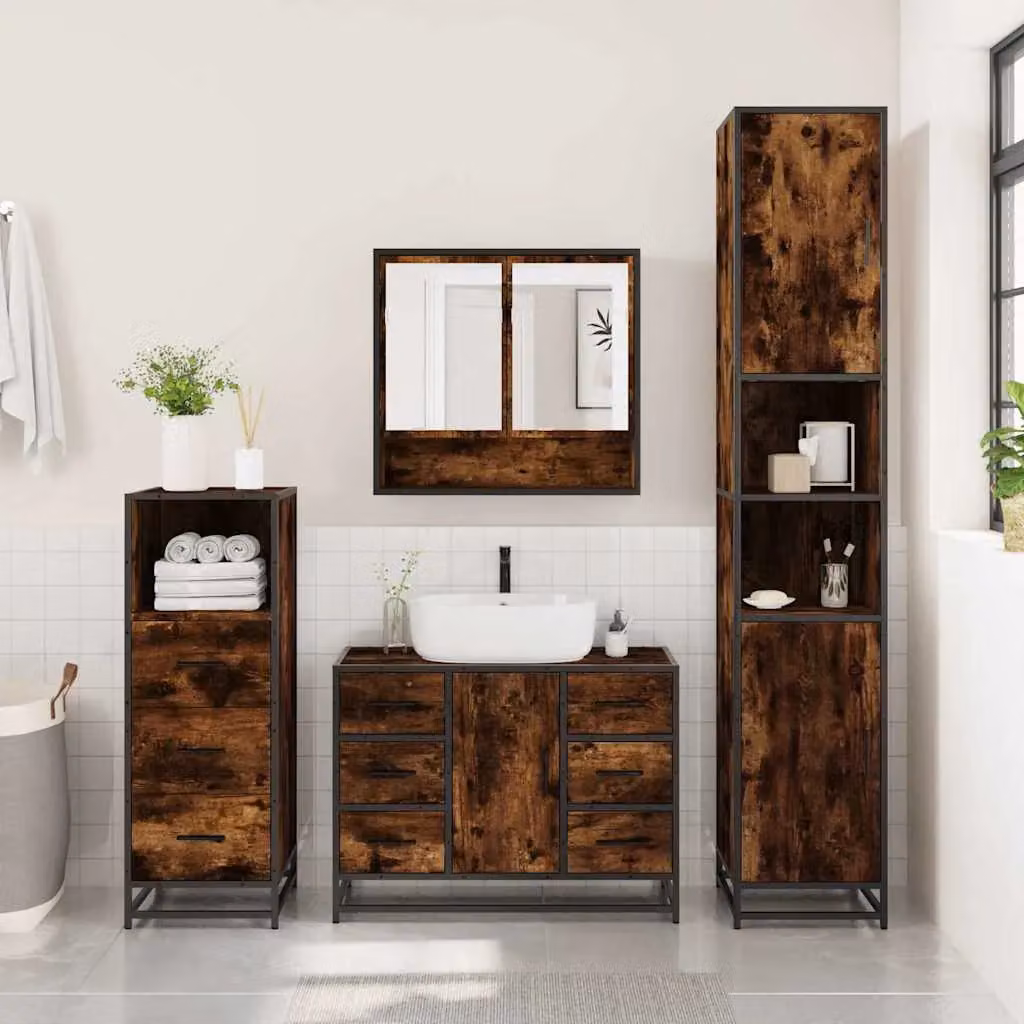 Berkfield Home 3 Piece Industrial Bathroom Furniture Set in Smoked Oak Brown – 3
