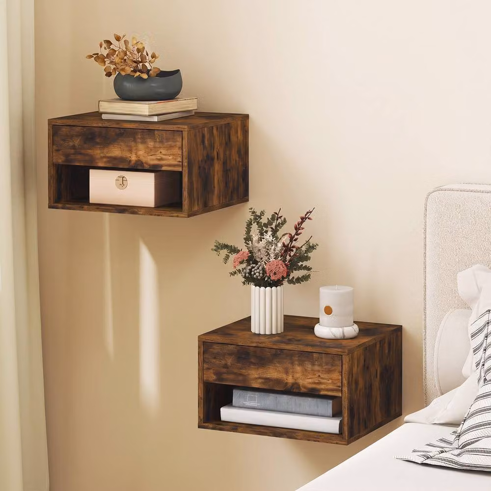 HOMCOM Rustic Brown Wall Mounted Nightstand with Drawer and Open Shelf – 2