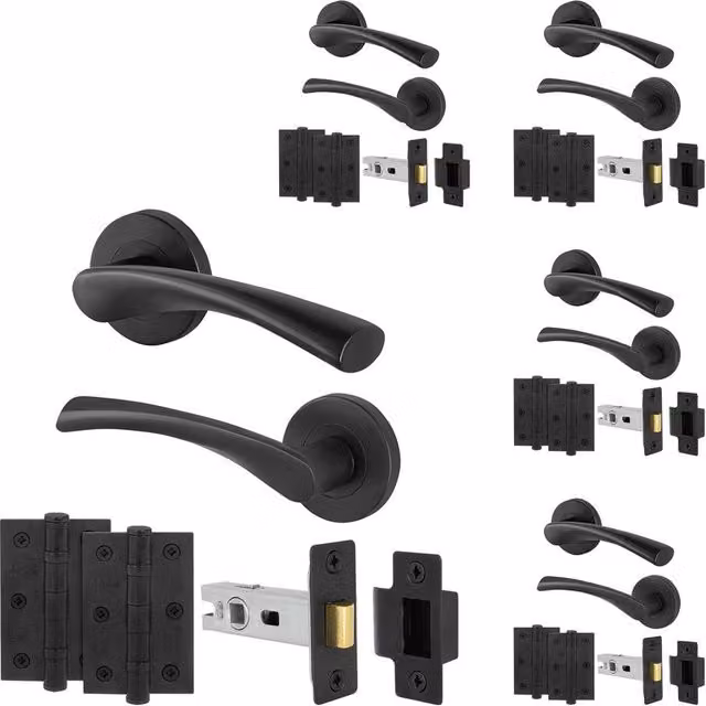 AFIT Matt Black Internal Door Handles with Latch and Rose, 5 Pairs, W/D/H: 15.0 x 15.0 x 15.0 cm