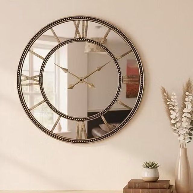 DEENZ Vintage Round Ornate Brass Mirrored Face Wall Clock with Double Row Beaded Edge in Gold, Diameter: 56 cm