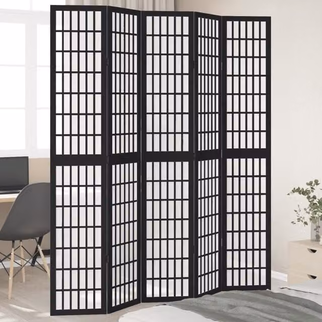 Berkfield Home 5 Panel Room Divider in Black Solid Paulownia Wood