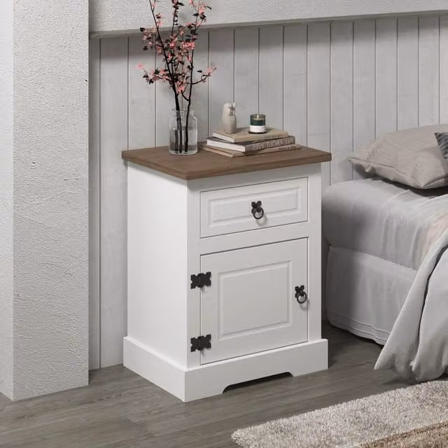 Home Source Corona 1 Drawer Bedside Storage in White with Waxed Pine Top