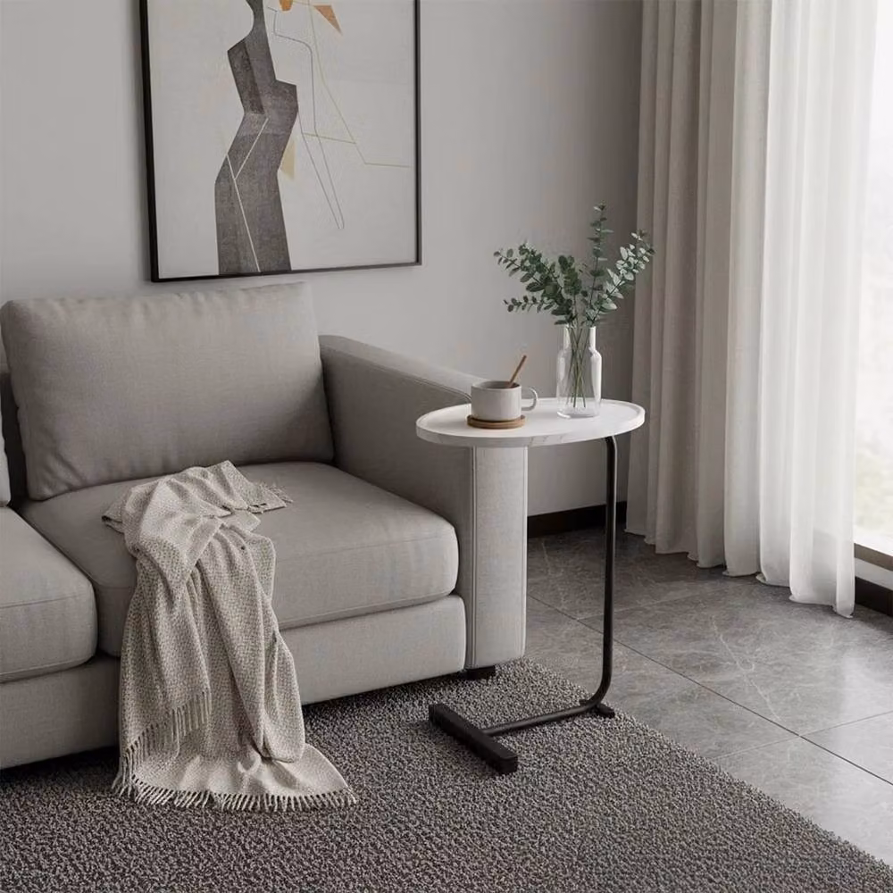 Kelvenix C-Shape Side Table with White Marble Effect Round Top and Black Metal Frame – 2