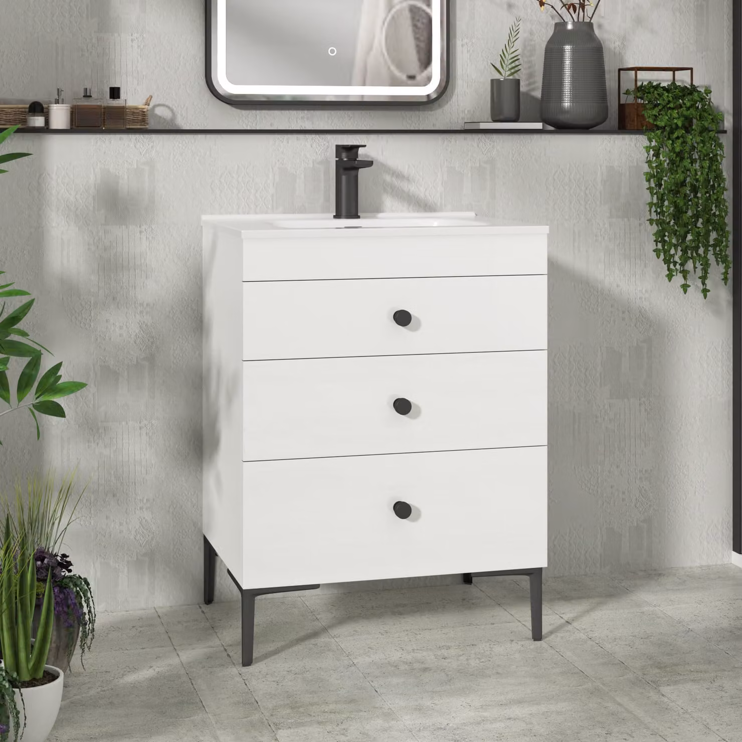 Royal Bathrooms Verona 600mm Gloss White Floor Standing 3 Drawer Vanity Unit with Ceramic Basin and Matt Black Knob