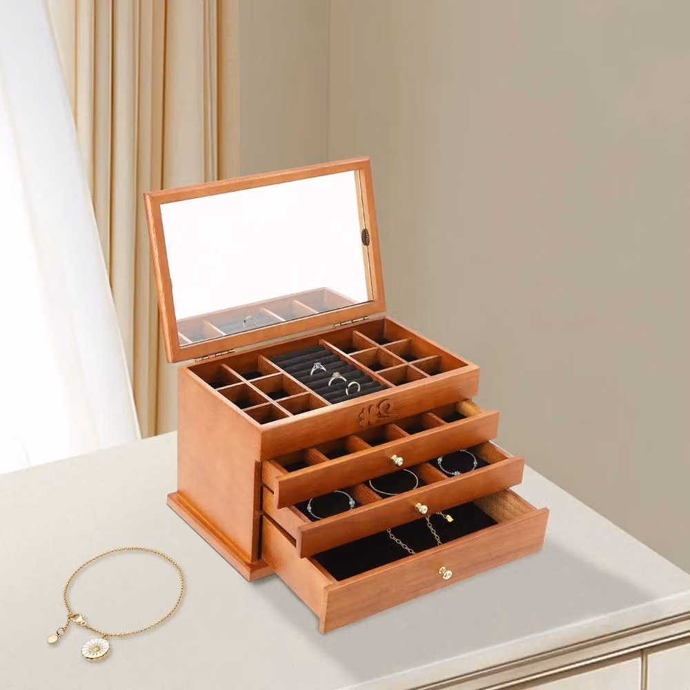 Ventryn 4 Layer Wooden Jewelry Storage Box with Mirror, Brown, W: 30.99 cm, D: 20.07 cm, H: 20.07 cm – 4